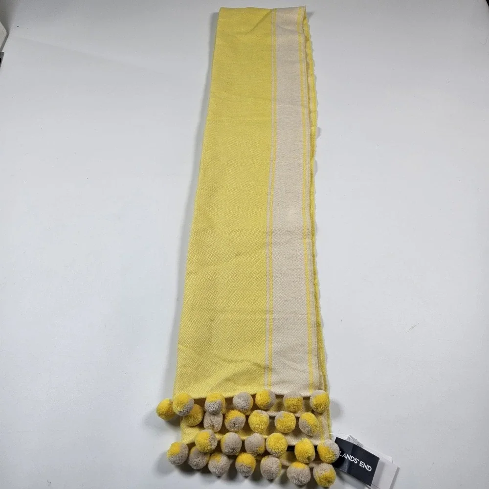 Lands End Womens Yellow wool Blend Oblong Scarf Striped Pom Pom Trim New 72